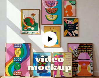 May include: A collection of framed art prints with colorful, whimsical designs. The prints feature illustrations of fruit, abstract shapes, and text, including "art cover" and "Bloom with grace." The frames are brown, and the overall aesthetic is modern and playful.