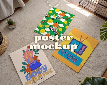 Multiple Poster Mockup Set of 3 | Top View Poster Mockup | DIN A Print Mockup Set | Minimal Editorial Style (PSD)