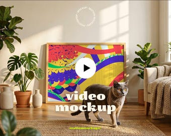 Videomodel met horizontaal frame met kat | 4:3-postermodelvideo, natuurlijk licht, lifestyle-scène (psd + mp4)