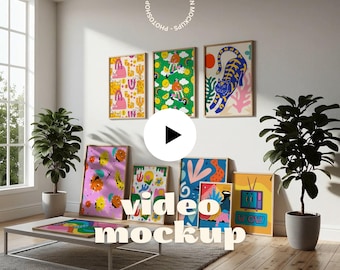 9 Frame Multiple Animated Wall Art Video Mockup, Minimalist Interior (PSD, MP4)