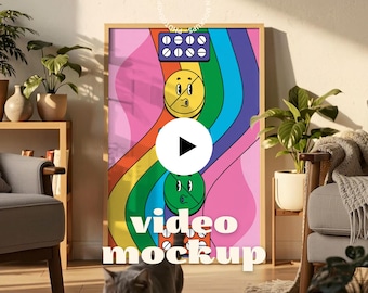 Video Frame Mockup with Cat | Lifestyle Vertical Wall Art, Natural Light & Shadow, Etsy Listing Video (PSD + MP4)