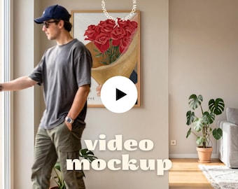 Animated Wall Art Mockup | Vertical Frame Video Mockup with Person, Minimalist Scene (PSD + MP4)
