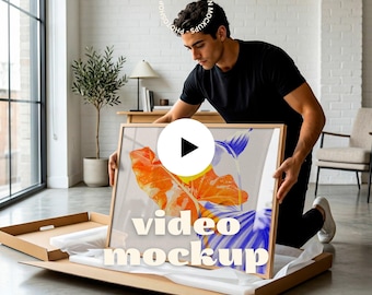 Horizontal Frame Video Mockup | 2 Scenes Animated Poster Frame Mockup, Lifestyle Wall Art Video, Unboxing to Wall Scene (MP4 + PSD)
