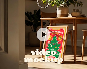 Animiertes Video Mockup: Minimalistisches Holz, natürliche Schatten, Innenwand Kunst Mockup (PSD .mp4)
