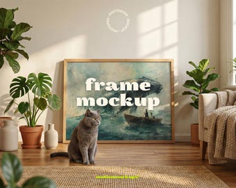 Living Room Horizontal Frame Mockup with Cat, 4:3 Ratio Poster Mockup, Sunlit Interior (PSD)