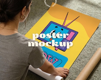 Vertical Poster Mockup with Person – Unrolled ISO Paper, PSD Template