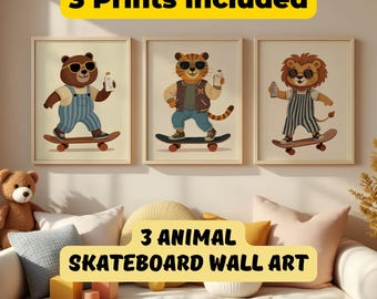Retro Animal Skateboard Nursery Prints – Set of 3 (Digital Download)