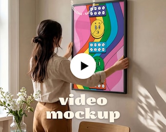 Animated Wall Art Video Mockup | Vertical Black Frame Poster Mockup | 2 Scene Video Mockup (PSD + MP4)