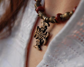 Handmade Jasper Necklace, Brass Slavic Zgarda Amulet Jewelry, Boho Summer Berry Inspired Necklace, Ukrainian Folk Gemstone Jewelry
