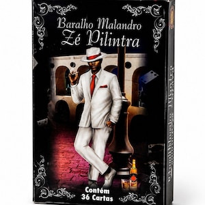 May include: A rectangular deck of cards box featuring the text Baralho Malandro Zé Pilintra and Contém 36 Cartas. The box displays an illustration of a person in a white suit, red tie, and white fedora with a red band, standing near a lamp post.