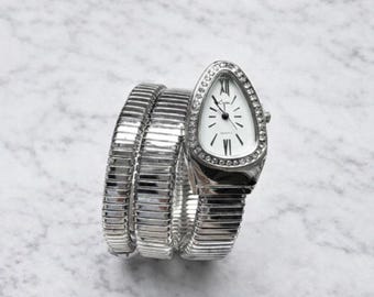 Serpentine Silver Snake Coil Wrap Watch – Crystal-Embellished Statement  Watch Serpentine Silver Snake Coil Wrap Watch – Crystal  main image 4