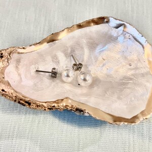Può includere: Un vassoio portagioie a forma di conchiglia di ostrica naturale con bordo dorato, contenente due paia di orecchini a perno di perle. Il guscio ha un interno madreperlato e poggia su una superficie azzurra.