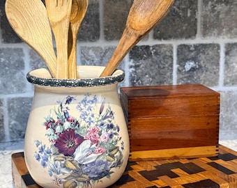 Porta utensilios de cerámica floral vintage / Decoración de cocina estilo cottagecore / Jarrón de gres estilo granja / Fiesta de hogar y jardín 2004