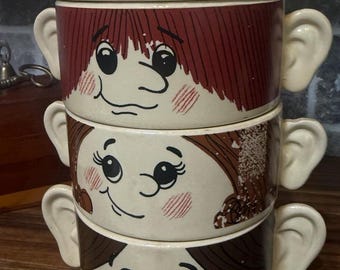 Zestaw misek do zupy w kształcie twarzy | Uchwyt w kształcie antropomorficznego ucha | Wystrój kuchni w stylu retro kiczu