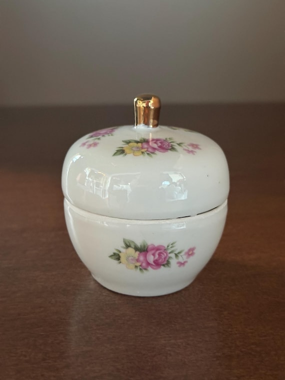 Vintage Floral Porcelain Vanity Trinket Box w/ Go… - image 8
