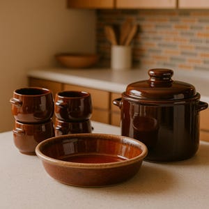 Peut inclure: Ensemble de vaisselle de cuisine en céramique marron, comprenant une marmite avec couvercle, un bol peu profond et plusieurs petites tasses à anses. Les pièces ont une finition brillante et sont disposées sur une surface claire.