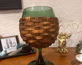 Vintage Green Glass Compote with Wicker Basket | Boho Cottagecore Decor