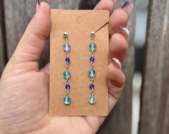 Blue dangle earring studs with iridescent sphere beads