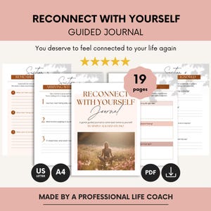 May include: A guided journal titled "Reconnect With Yourself" with the text "Guided Journal". The cover features a person meditating in a field. The journal has 19 pages and is made by a professional life coach.