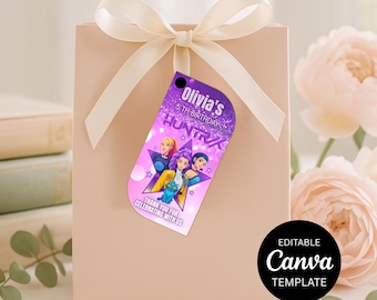 May include: A pink gift bag tied with a cream bow, with a purple tag. The tag has a cartoon illustration and text saying "Olivia's 5th Birthday" and "Thank you for celebrating with us."