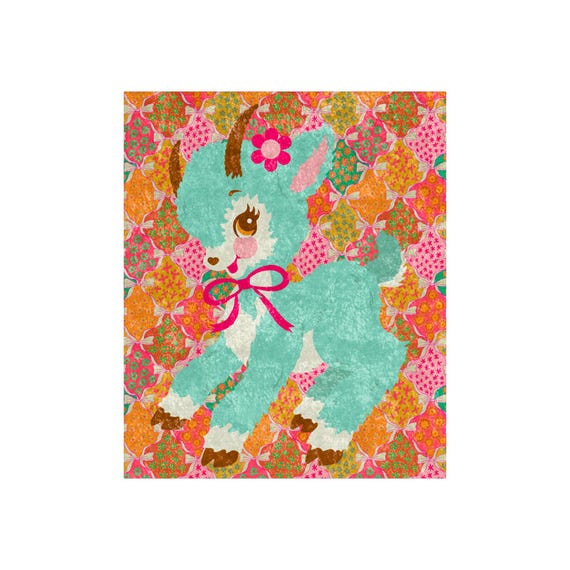 Retro Goat Kitschy Crushed Velvet Blanket - Vintage Kitsch Patchwork Flower Power Sherpa Throw Blanket