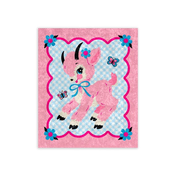 Cute Kitschy Retro Goat Crushed Velvet Blanket - Vintage Kitsch Gingham Pink and Blue Sherpa Throw Blanket