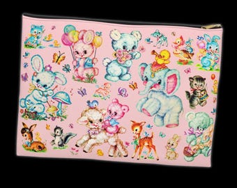 May include: A rectangular zippered pouch in light pink featuring a repeating pattern of vintage-style illustrations including blue and pink teddy bears, rabbits, an elephant, a fawn, a kitten, and various small birds, butterflies, and flowers.