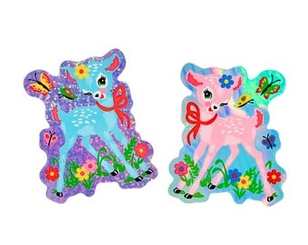 Cute Kitschy Deer Holo Glitter Stickers - Sparkly Iridescent Vintage Retro Fawn Sticker