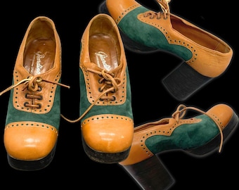 Vintage 70s Cognac Brown Leather & Forest Green Suede Oxford Platform Shoes