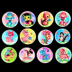 May include: A set of twelve circular cabochons featuring iridescent finishes and colorful illustrations of animals including poodles, kittens, squirrels, deer, rabbits, chicks, and lambs, each depicted in a variety of bright, saturated colors.