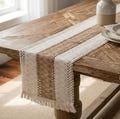 Boho Farmhouse Tassel Table Runner, Cotton Linen Woven Dining Decor