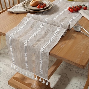 Puede incluir: Un camino de mesa beige con patrones geométricos verticales bordados en blanco y rayas caladas. El camino de mesa está rematado con borlas de flecos blancos a lo largo del borde inferior, creando una apariencia texturizada en la tela.