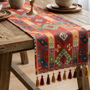Op de afbeelding: Een rode tafelloper met een geometrisch patroon in blauw, groen, geel en wit. De loper heeft een franje van kwastjes in goud- en bourgondische tinten. De loper ligt op een houten tafel.