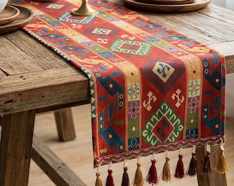 Bohemian Red Chenille Table Runner, Moroccan Tassel Table Scarf