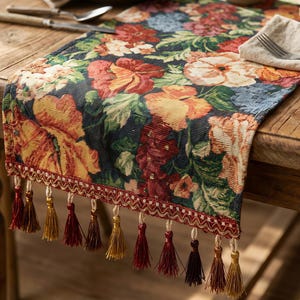 Può includere: Runner da tavolo in tessuto arazzo floreale con sfondo scuro e grandi fiori colorati nei toni del rosso, arancione, giallo e blu. Il runner ha un bordo decorativo e nappe sul bordo inferiore. È posto su un tavolo di legno.