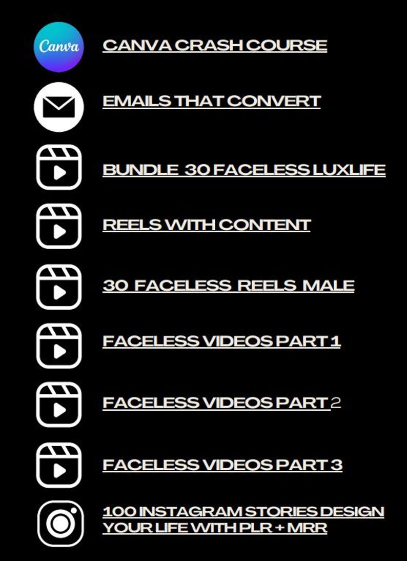 Op de afbeelding: Een zwarte afbeelding met witte tekst en pictogrammen die digitale content promoten. De tekst bevat "CANVA CRASH COURSE", "EMAILS THAT CONVERT" en "100 INSTAGRAM STORIES DESIGN". De afbeelding bevat social media iconen.