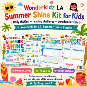 May include: Wonderkidz LA Summer Shine Kit for Kids, a printable bundle featuring a daily rhythm chart, reading challenge, and book review pages. The colorful design includes illustrations of a sun, palm trees, and beach items for ages 5-10.