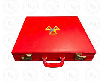 Aktetas Royal Arch Regalia, rode PU-leren maçonnieke reisetui, handgeborduurd embleem