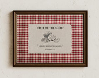 Fruit of the Spirit Bible Verse Art, Vintage Gingham Scripture Print (Digital Download)