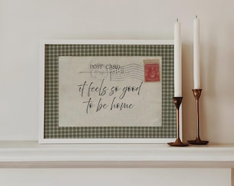 It Feels So Good To Be Home Horizontal Postcard Gingham Wall Art, Trendy Home Decor, Aesthetic Room Decor, Cozy Living Room Art