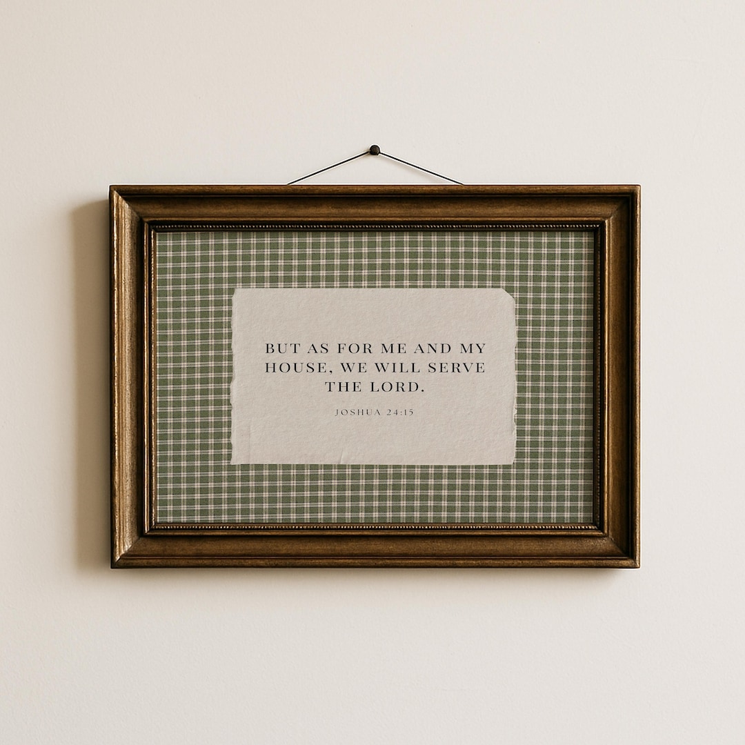 Vintage Green Gingham Christian Printable Wall Art But As For Me and My House Striped Bible Verse Rustic Christian Home Decor