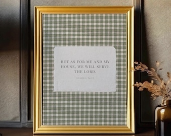 Bible Verse Print, Joshua 24:15 in Green Gingham, Farmhouse Christian Wall Art Digital Download