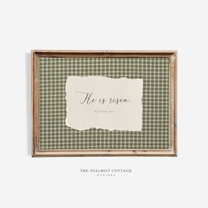 He is Risen Vintage Green Gingham Easter Printable Wall Art Bible Verse Rustic Christian Modern Home Decor