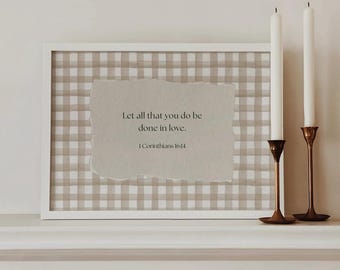 Gingham Bible Verse Wall Art, Give Let all that you do be done in Love Vintage Scripture Print, Christian Home Decor, Digital Download