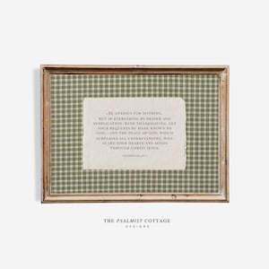 Arte murale cristiana stampabile con motivo a quadretti verdi vintage Non preoccuparti per nulla Versetto biblico a righe Filippesi 4:6 Decorazione rustica per la casa cristiana