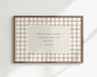 Gingham Bible Verse Wall Art, But As For Me and My House Joshua 24:15 Vintage Scripture Print, Christian Home Decor, Digital Download
