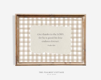 Gingham Bible Verse Wall Art, Give Thanks to the Lord Vintage Scripture Print, Christian Home Decor, Digital Download
