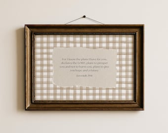 Gingham Bible Verse Wall Art, Jeremiah 29:11 Vintage Scripture Print, Christian Home Decor, Digital Download