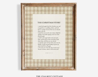 Vintage Beige Gingham Printable Nativity Christmas Story Christmas Bible Verse Scripture Art The Birth Of Jesus Luke 2:7-11