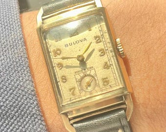 Vintage 1940s Bulova Tank | Art Deco | 10ct Gold Filled | Small Seconds | Jeweler Signed Dial